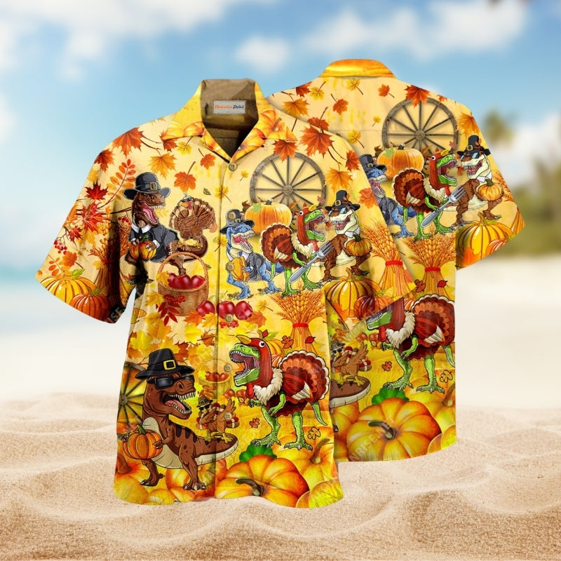 Autumn Dinosaurs Hawaiian Shirt For Summer Vacation, Beach Travel, And Casual Wear