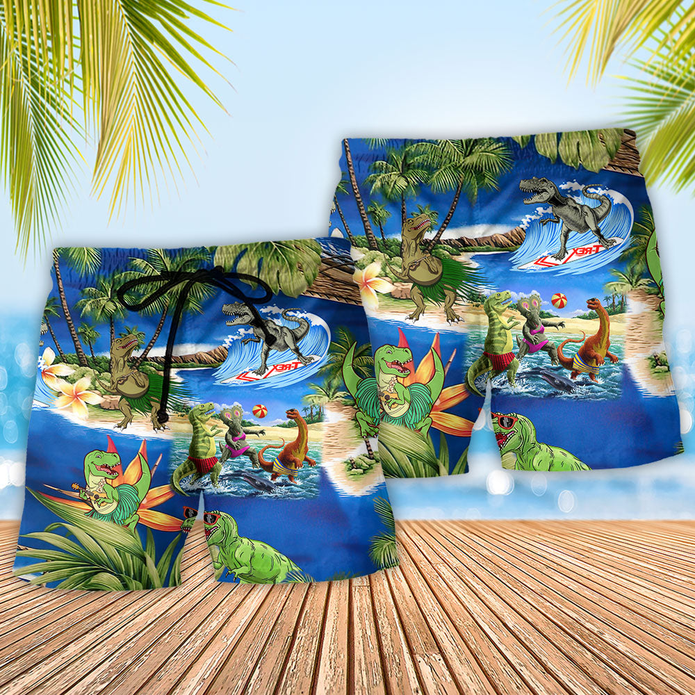 Green Dinosaur Beach Shorts Pattern Detail For Outdoor Activities And Easy Warm Weather Wear