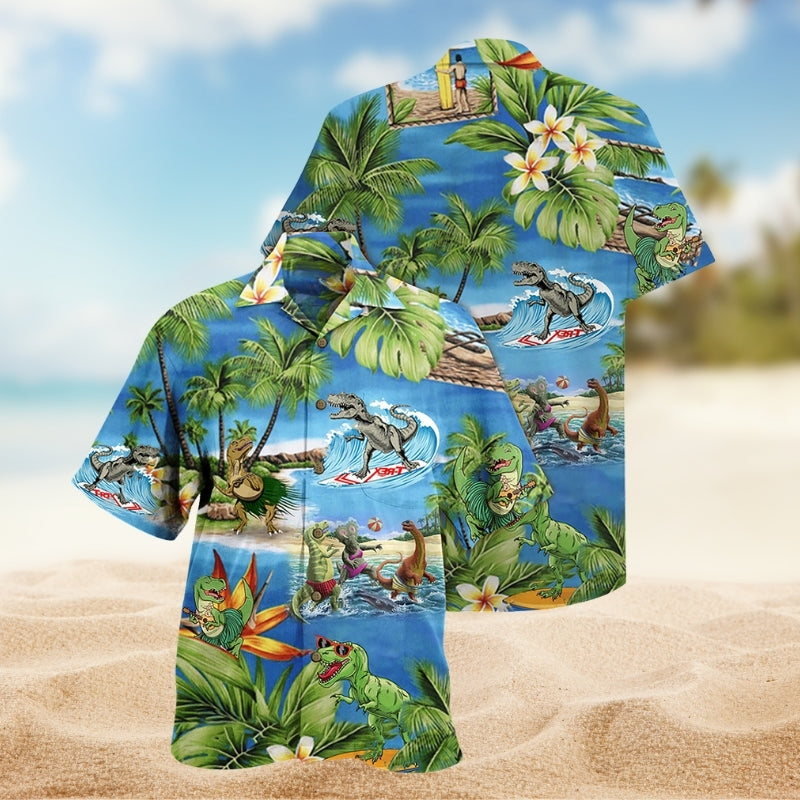 Dinosaurs Beach Hawaiian Shirt For Summer Vacation, Beach Travel, And Casual Wear