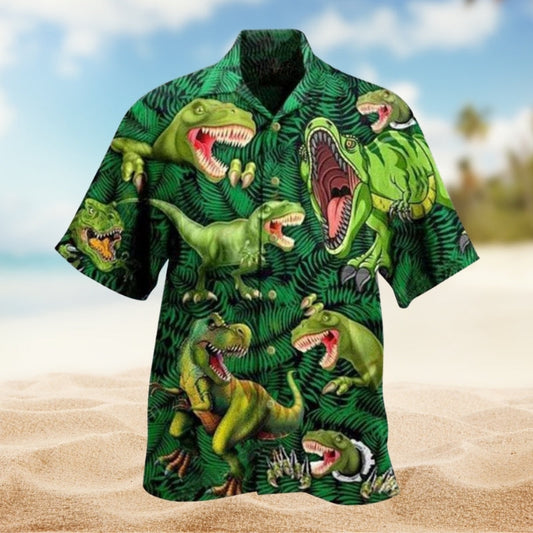 Dinosaurs Green Hawaiian Shirt For Beach Days, Summer Outings, And Thoughtful Gift Giving