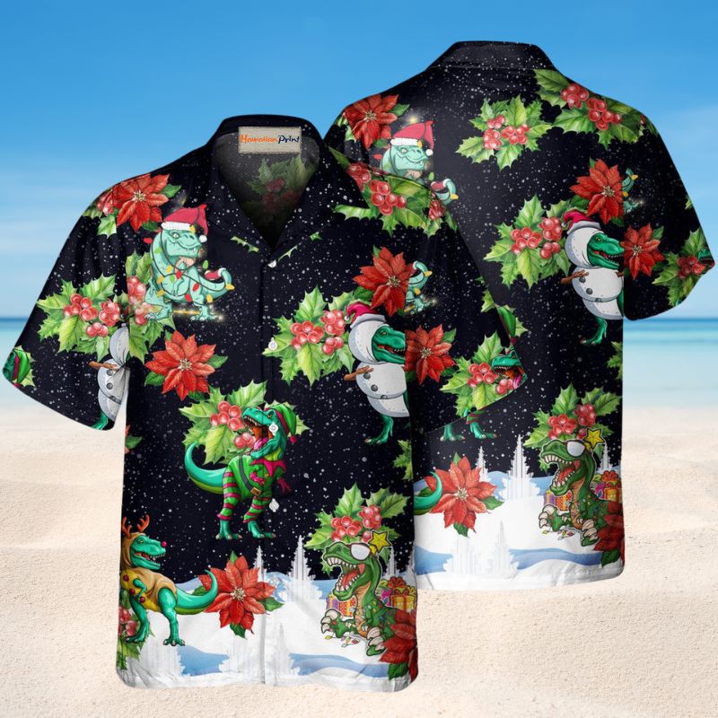 Dinosaurs Christmas Hawaiian Shirt For Christmas Gatherings, Resort Trips, And Cheerful Seasonal Style