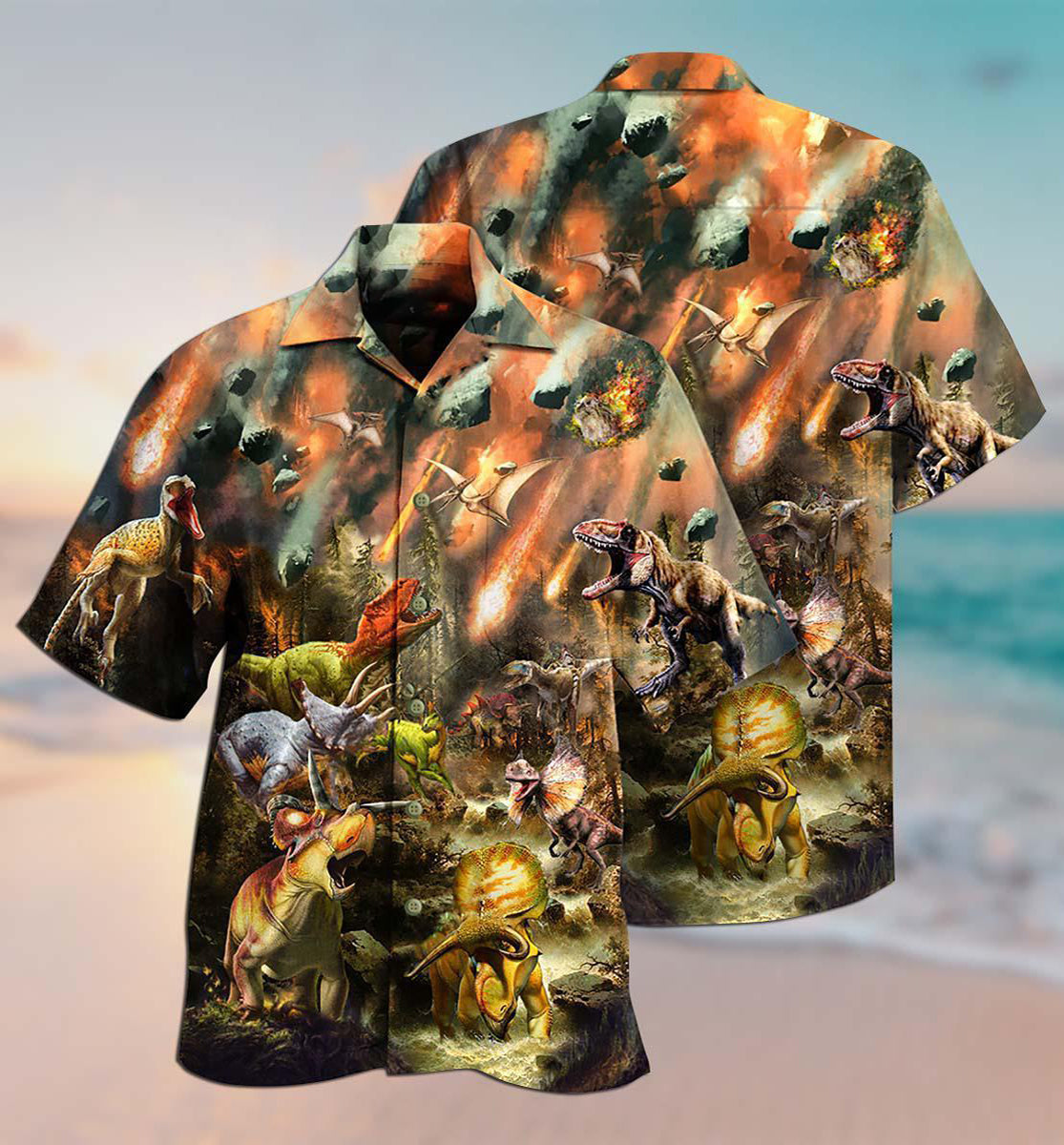 Dinosaur Perish Fire Hawaiian Shirt For Vacation Days And Relaxed Coastal Outings