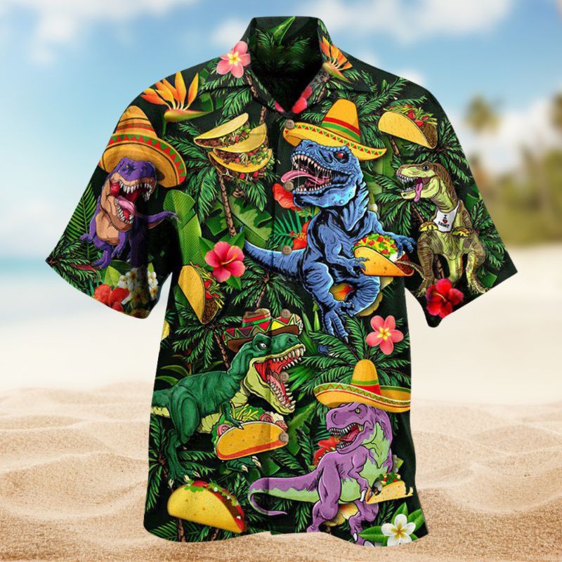 Dinosaurs Taco Rex Hawaiian Shirt For Coastal Travel, Casual Events, And Comfortable Summer Wear