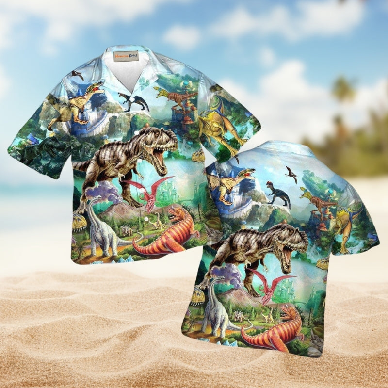 Dinosaurs World Summer Hawaiian Shirt For Beach Travel Wildlife Fans And Relaxed Warm Weather Wear