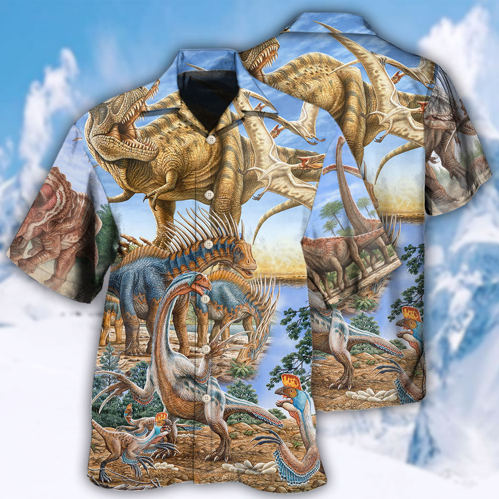 Creative Dinosaur Illustration Hawaiian Shirt For Island Vacations, Weekend Events, And Relaxed Everyday Outfits