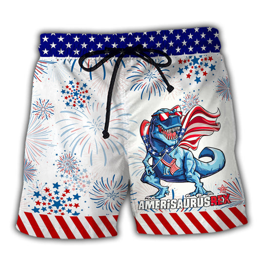 Dinosaur Independence Day Beach Shorts Pattern View For Creative Warm Weather Outfits