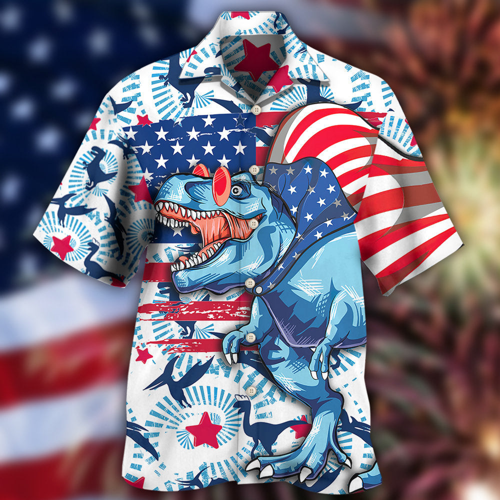 Funny Dinosaur Independence Day Dinosaurus Hawaiian Shirt Pattern Detail For Vacation Travel And Daily Wear