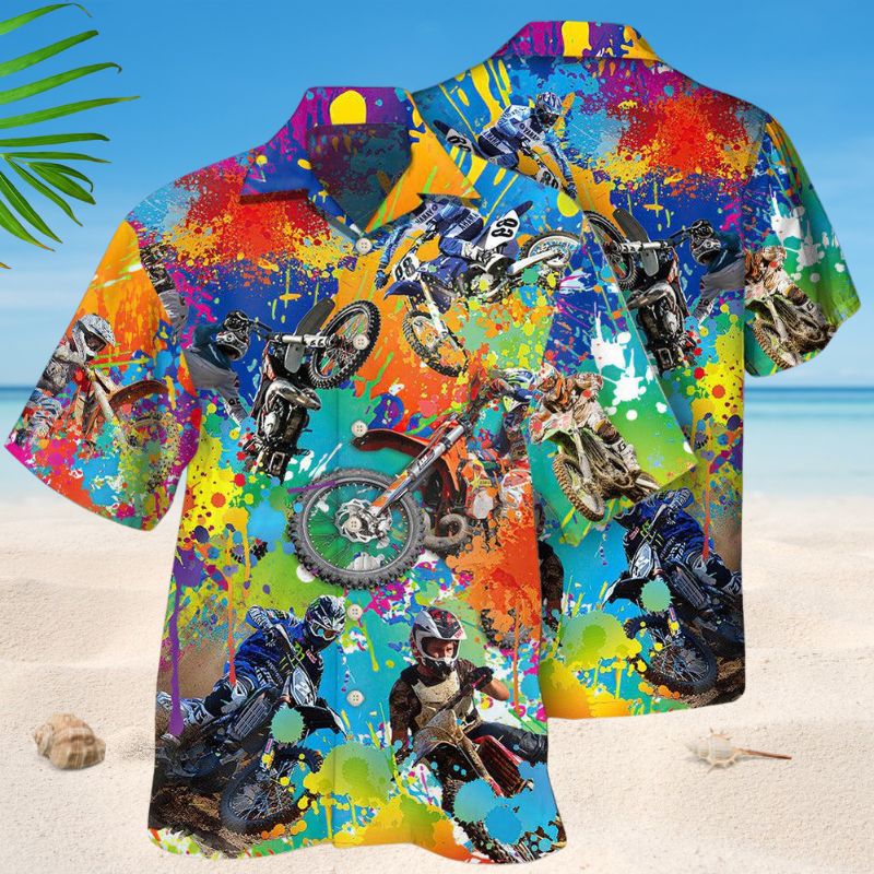Colorful Dirt Bike Hawaiian Shirt For Island Vacations, Resort Wear, And Relaxed Seasonal Style