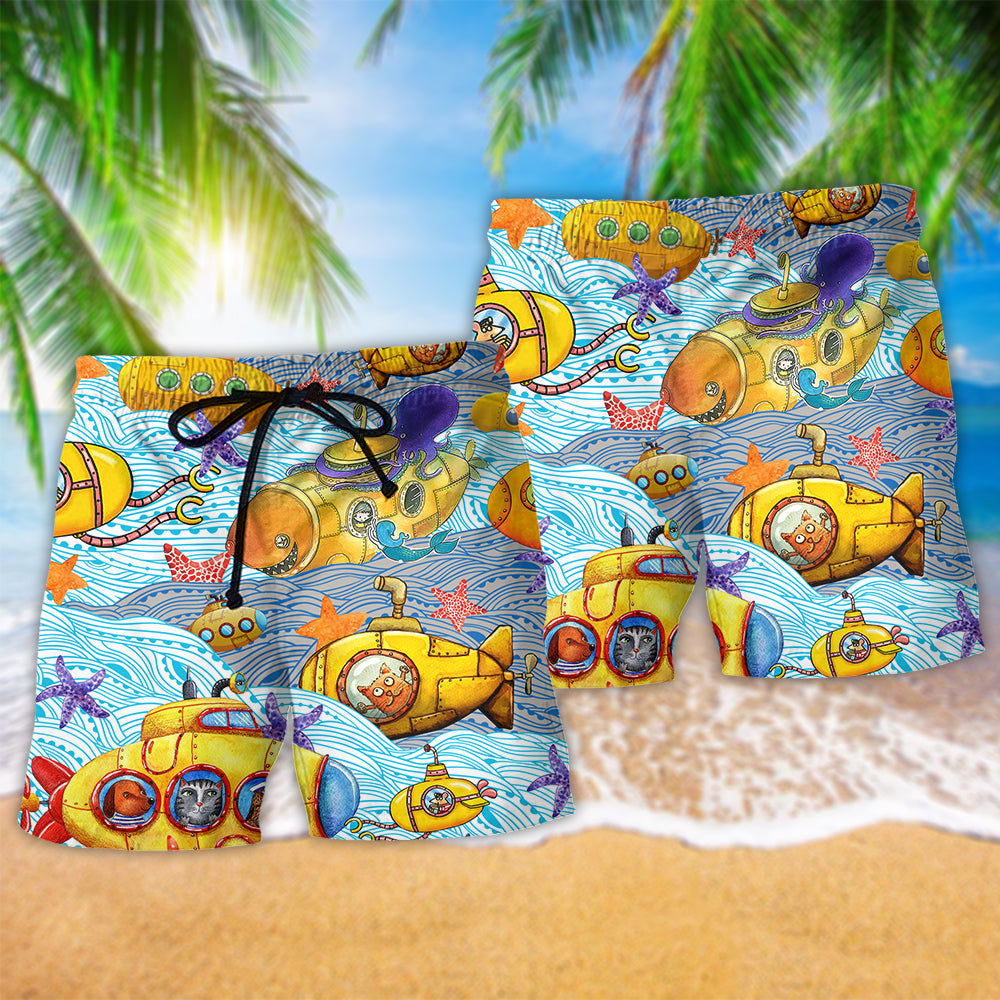 Diving Into The Ocean Submarines Hawaiian Print Beach Shorts For Ocean Lover Vacation Wear