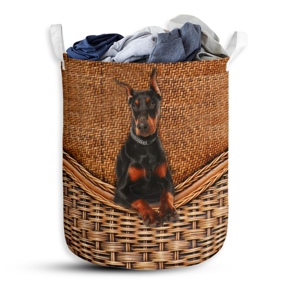 Doberman Dog Rattan Texture Laundry Basket For Bathroom Bedroom Storage