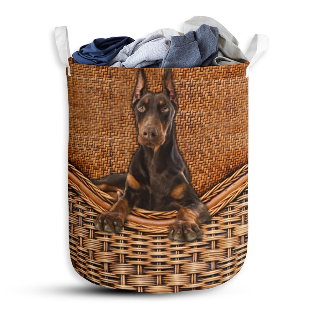 Doberman Pinscher Dog Rattan Texture Laundry Basket For Bathroom Bedroom Storage