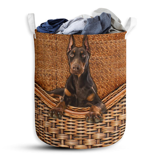 Doberman Pinscher Dog Rattan Texture Laundry Basket For Bathroom Bedroom Storage