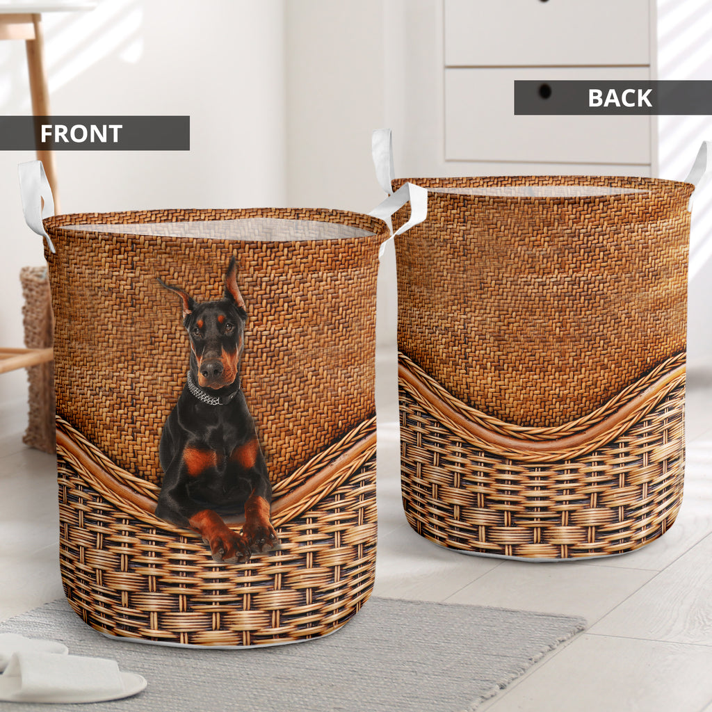 Doberman Dog Rattan Texture Laundry Basket For Room Home Organizer
