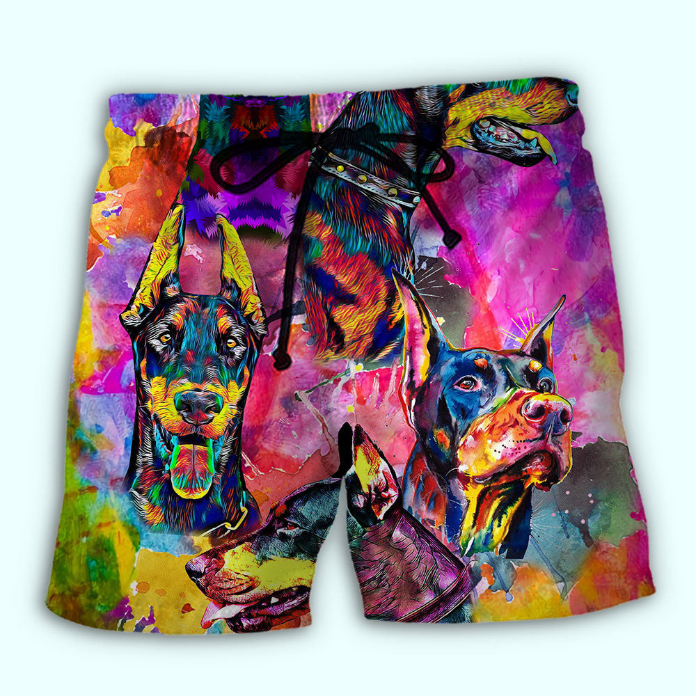 Colorful Doberman Dog Painting Beach Shorts Artwork Detail For Tropical Travel And Everyday Wear