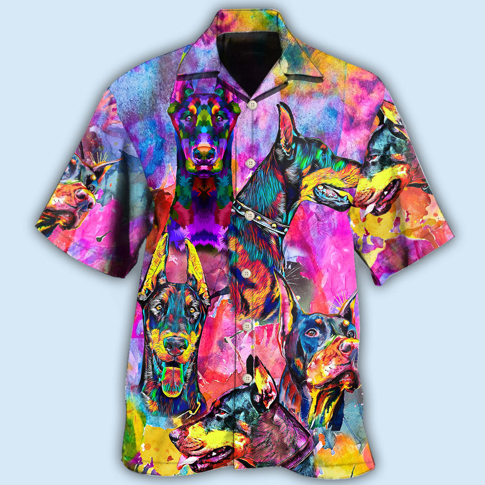 Watercolor Colorful Doberman Portrait Hawaiian Shirt For Coastal Travel, Casual Events, And Comfortable Summer Wear