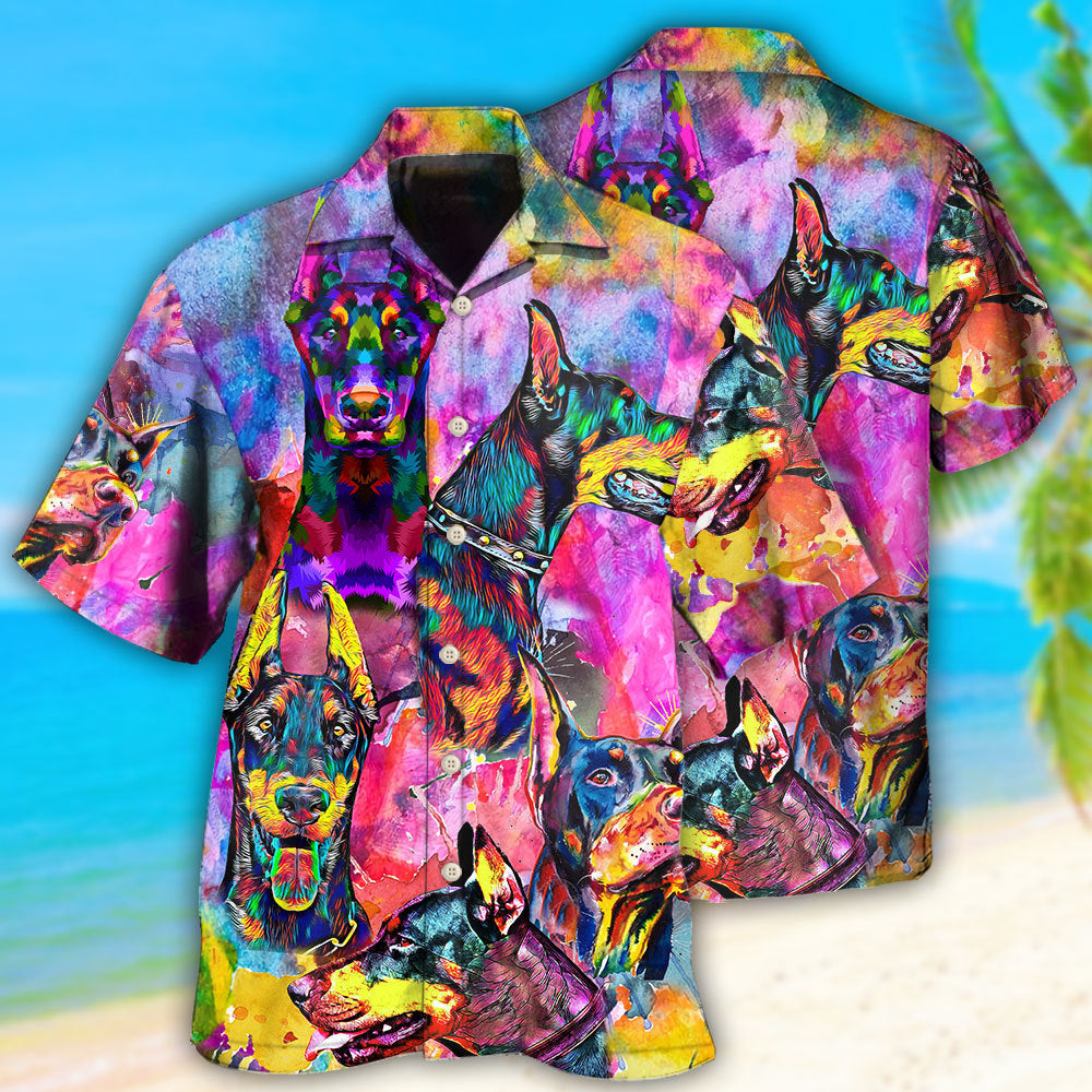 Watercolor Colorful Doberman Portrait Hawaiian Shirt For Coastal Travel, Casual Events, And Comfortable Summer Wear