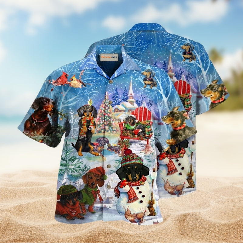 Dog Dachshund Through The Snow Hawaiian Shirt For Summer Vacation Beach Travel And Relaxed Casual Wear