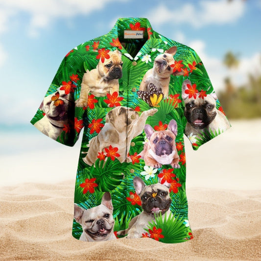 Dog French Bulldog And Blooming Tropical Flowers Hawaiian Shirt For Summer Vacation Beach Travel And Relaxed Casual Wear