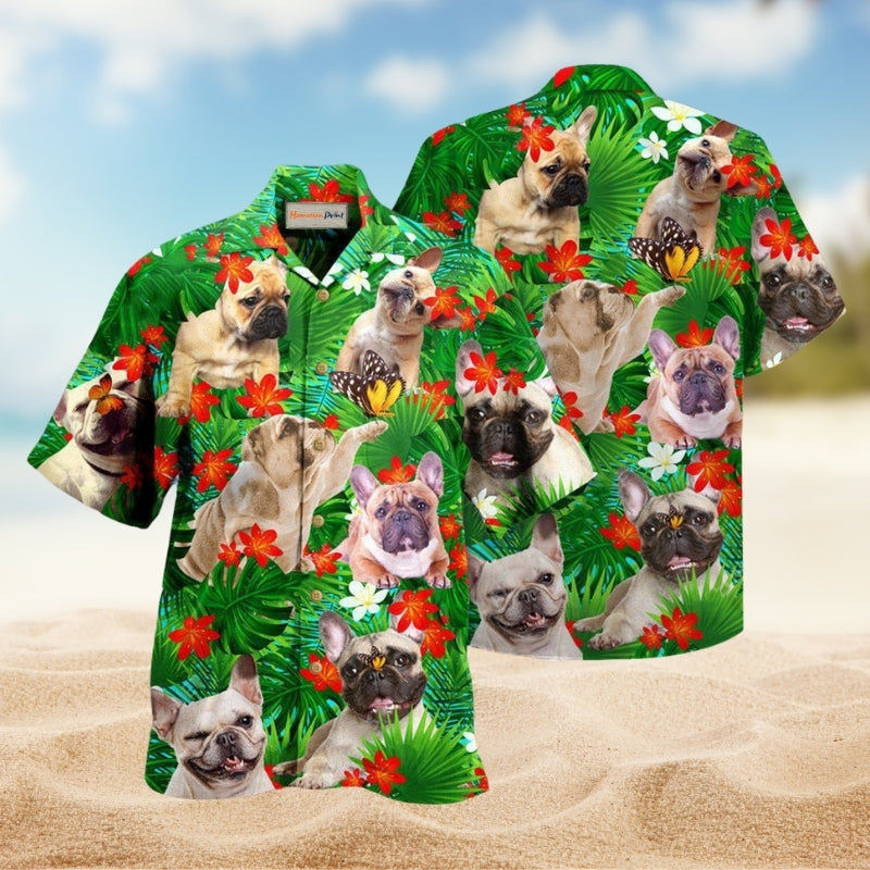 Dog French Bulldog And Blooming Tropical Flowers Hawaiian Shirt For Summer Vacation Beach Travel And Relaxed Casual Wear