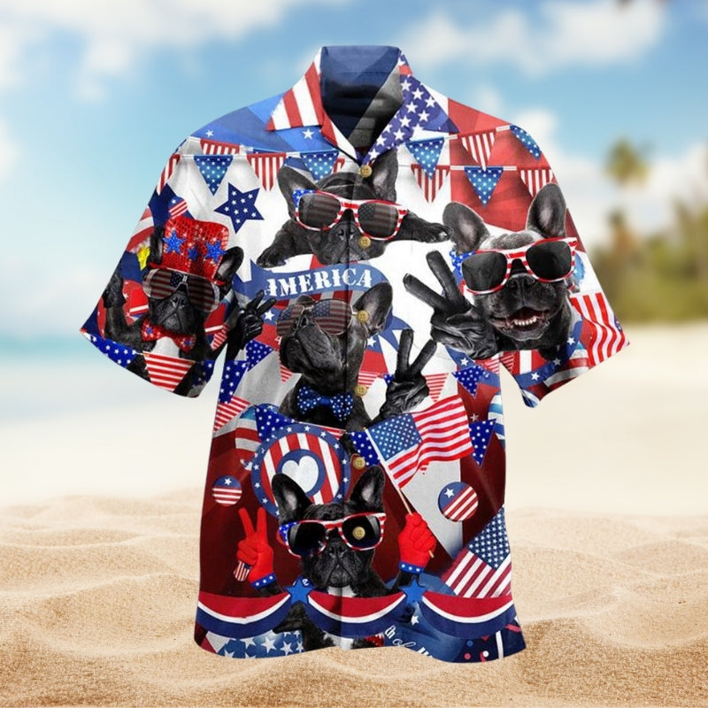 American Dog Hawaiian Shirt For Summer Vacation, Beach Travel, And Casual Wear