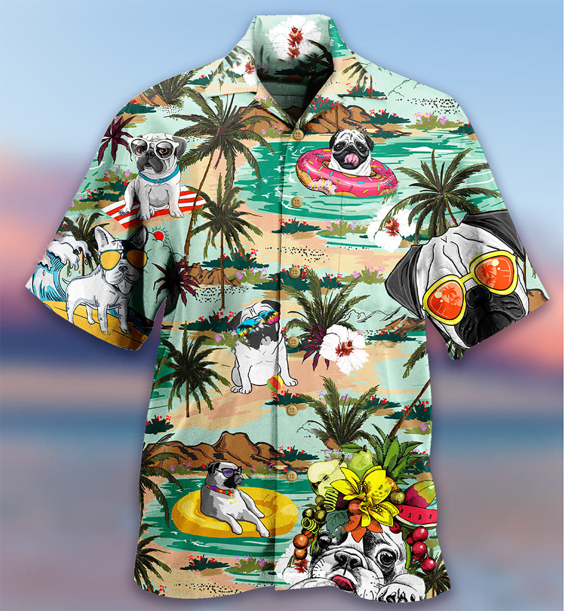 Dog Bulldog Beach Island Hawaiian Shirt Artwork Detail For Resort Trips And Outdoor Activities