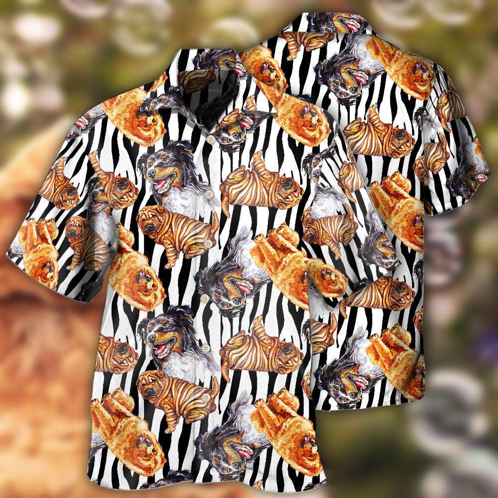 Black Dogs Striped Hawaiian Shirt Pattern Detail For Vacation Travel And Daily Wear