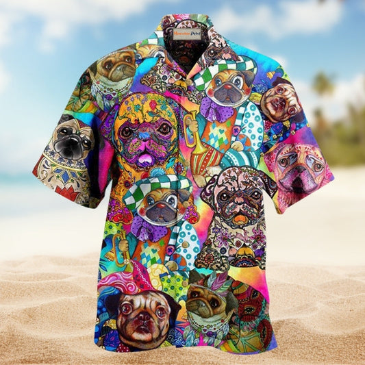Dogs Colorful Cute Pugs Hawaiian Shirt For Resort Travel Summer Events And Thoughtful Casual Gifting