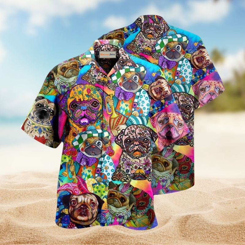 Dogs Colorful Cute Pugs Hawaiian Shirt For Resort Travel Summer Events And Thoughtful Casual Gifting