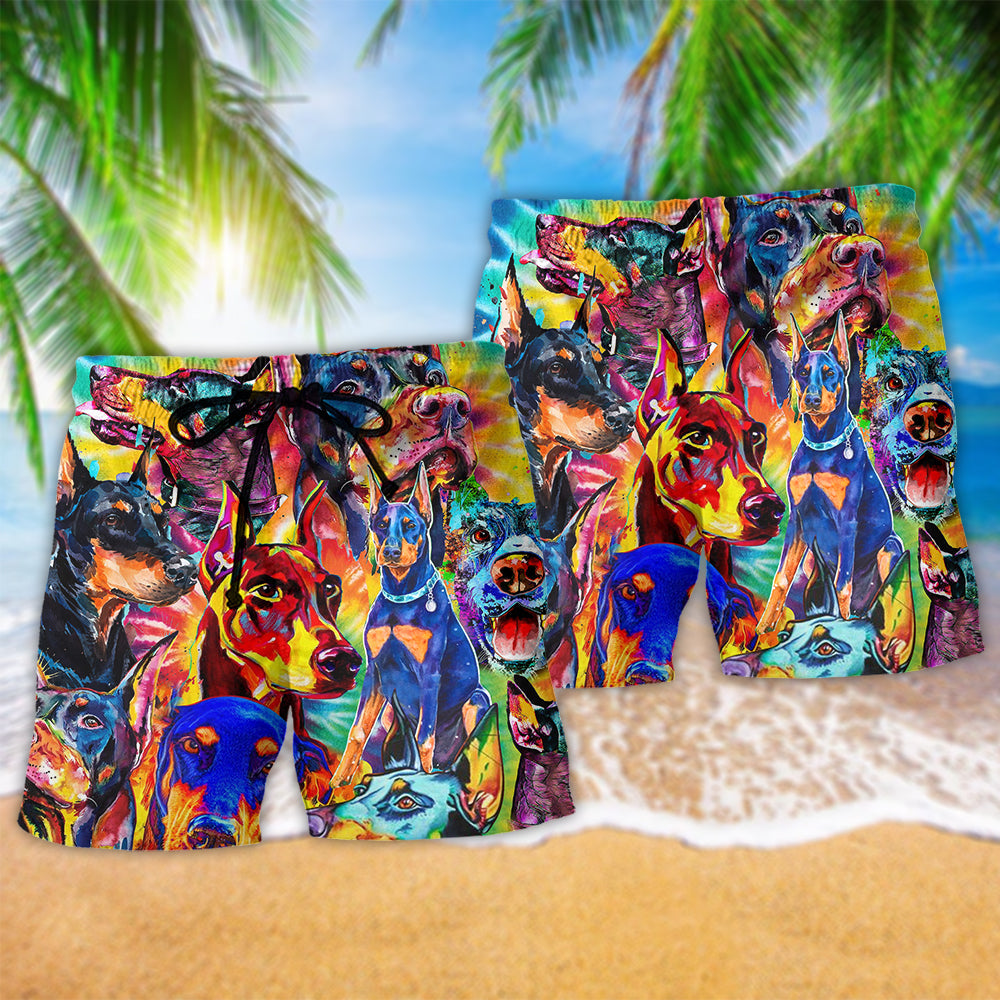Colorful Doberman Dog Beach Shorts Pattern Detail For Weekend Travel And Everyday Comfort