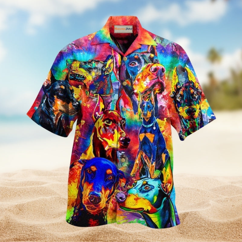 Dogs Colorful Doberman Pinscher Hawaiian Shirt For Summer Vacation Beach Travel And Relaxed Casual Wear