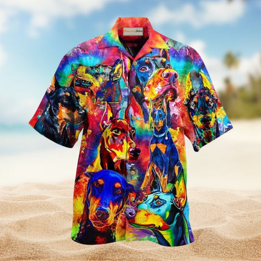 Dogs Colorful Doberman Pinscher Hawaiian Shirt For Summer Vacation Beach Travel And Relaxed Casual Wear