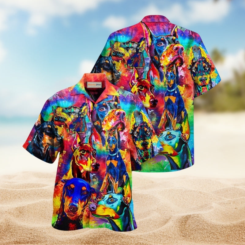 Dogs Colorful Doberman Pinscher Hawaiian Shirt For Summer Vacation Beach Travel And Relaxed Casual Wear