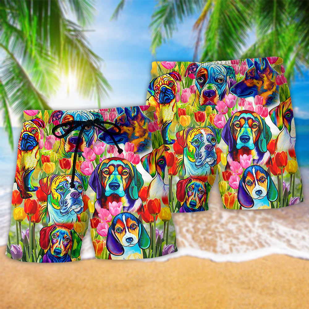 Dog Colorful Floral Beach Shorts Pattern Detail For Seaside Leisure And Warm Weather Wardrobe