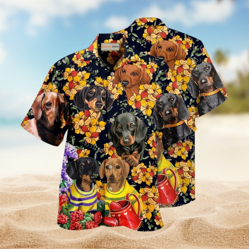 Dogs Dachshund And Flowers Hawaiian Shirt For Tropical Travel Outdoor Parties And Relaxed Casual Wear