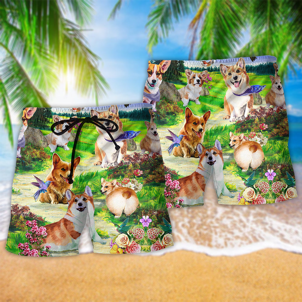 Playful Corgi Beach Shorts Pattern Detail For Casual Outings And Comfortable Resort Style