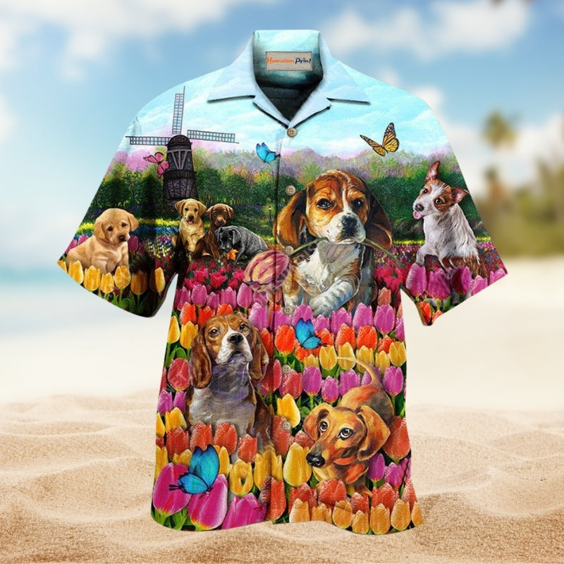 Dogs Love Romantic Tulip Garden Hawaiian Shirt For Summer Vacation Beach Travel And Relaxed Casual Wear