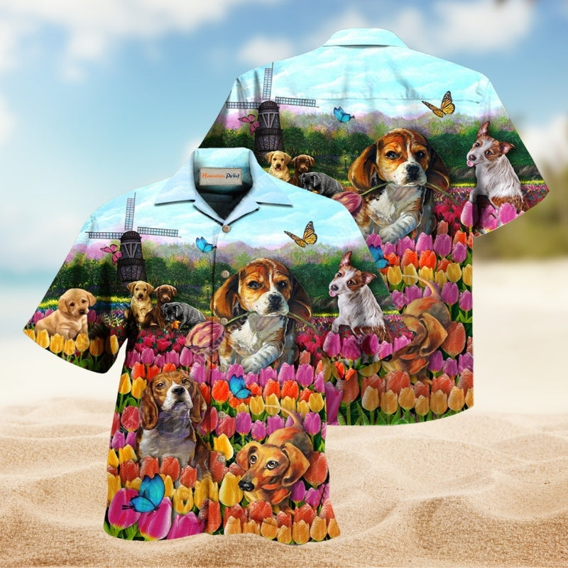 Dogs Love Romantic Tulip Garden Hawaiian Shirt For Summer Vacation Beach Travel And Relaxed Casual Wear
