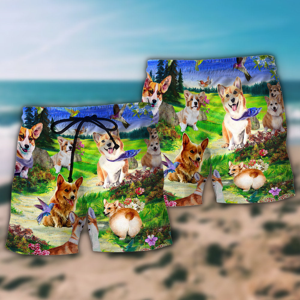 Corgi Floral Sky Beach Shorts Pattern Detail For Holiday Travel And Easy Warm Weather Wear