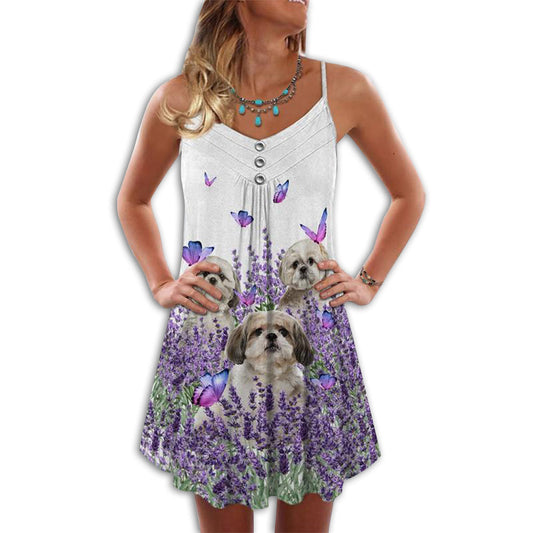 Dog Purple Flower Shih Tzu V-Neck Sleeveless Cami Dress For Travel And Comfortable Botanical Styling