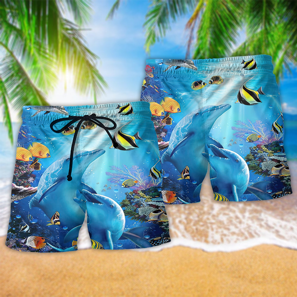 Dolphin Dolphin In The Ocean Hawaiian Print Beach Shorts For Resort Trips And Poolside Style