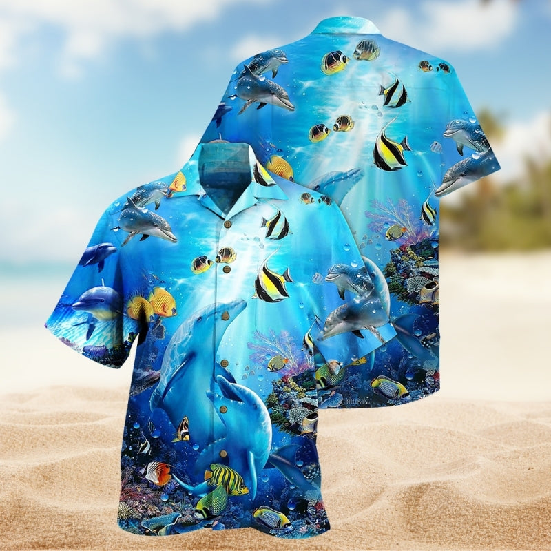 Dolphin Creative Pattern Hawaiian Shirt For Beach Days, Summer Outings, And Thoughtful Gift Giving