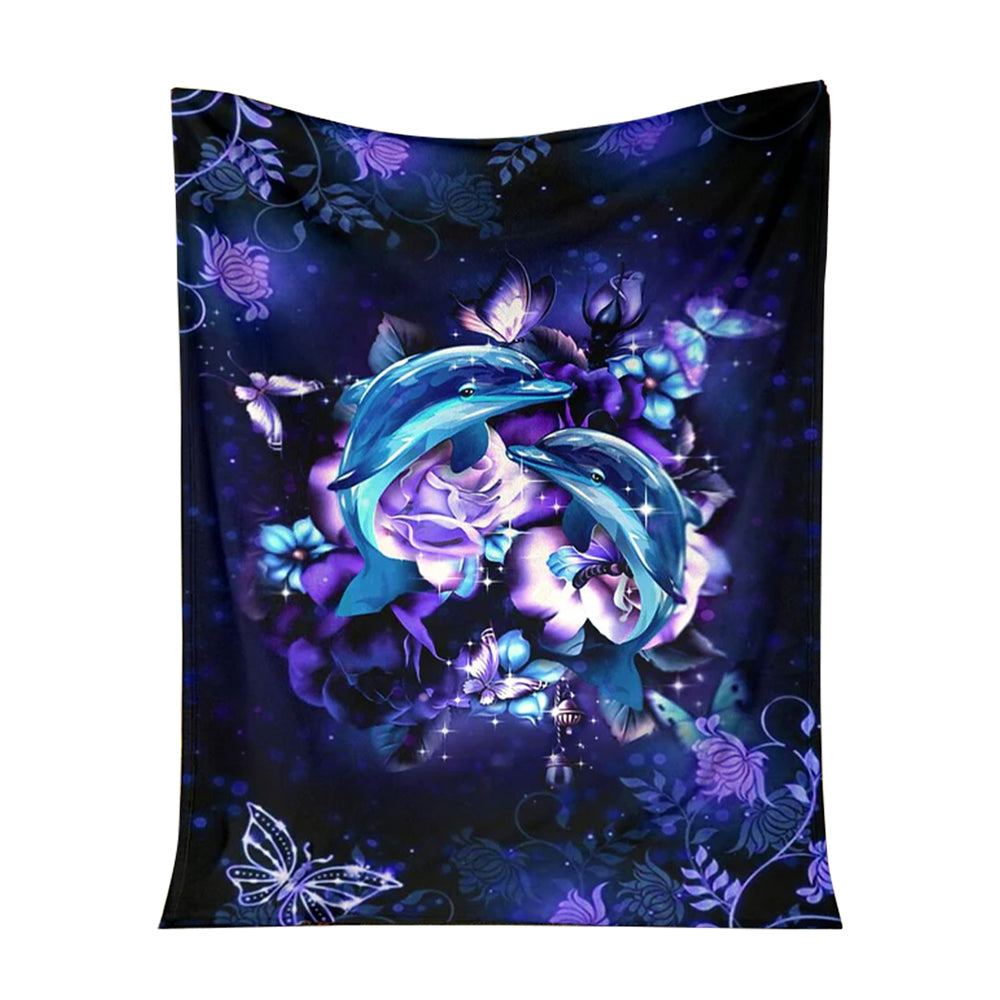 Dolphin And Blue Flowers Flannel Blanket For Cozy Bedroom Sofa Decor