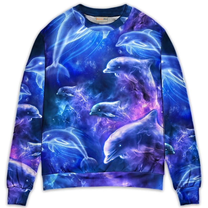 Dolphin Galaxy Neon Glow Sweater For Seaside Adventures Outdoor Events And Relaxed Daily Style