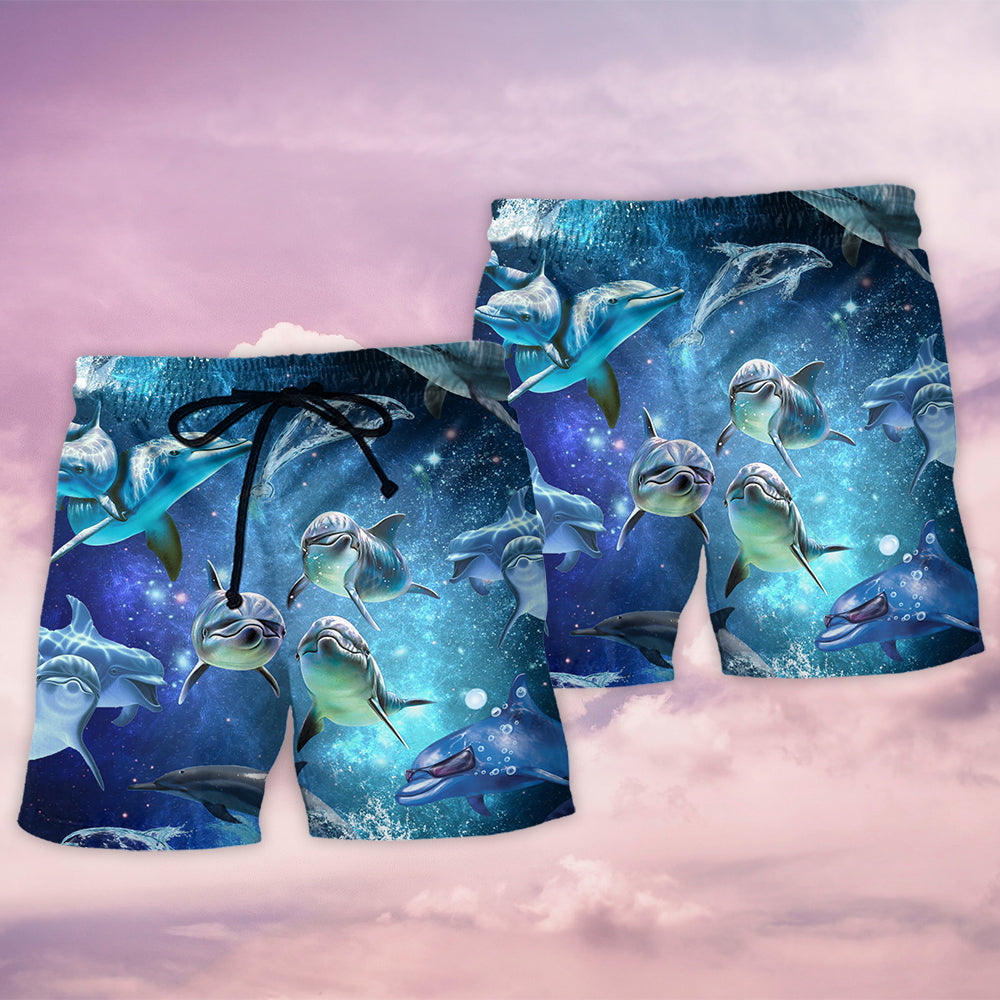 Dolphin Icy Galaxy Beach Shorts Pattern View For Vacation Travel And Outdoor Fun