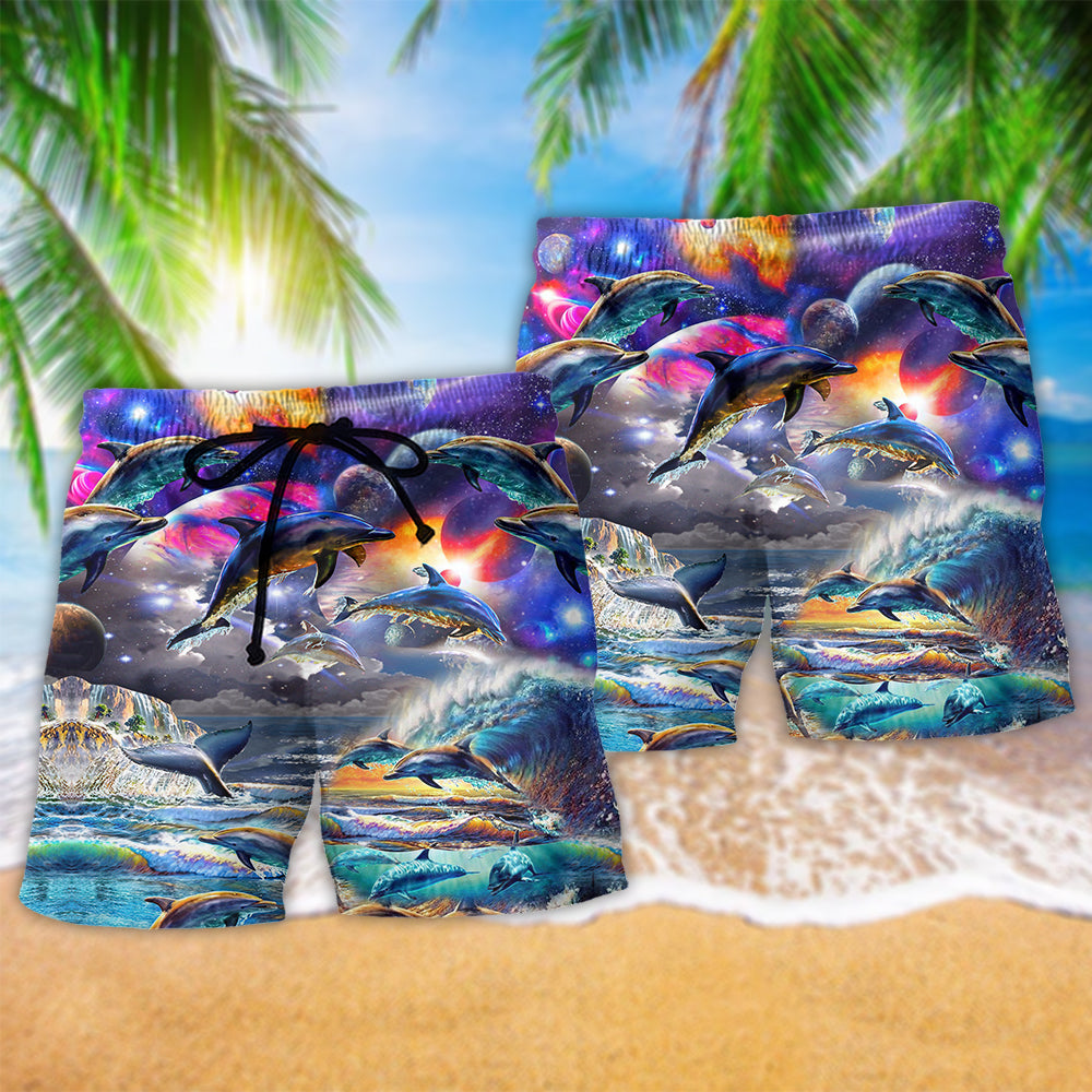 Dolphin Galaxy Ocean Beach Shorts For Summer Vacation And Coastal Travel