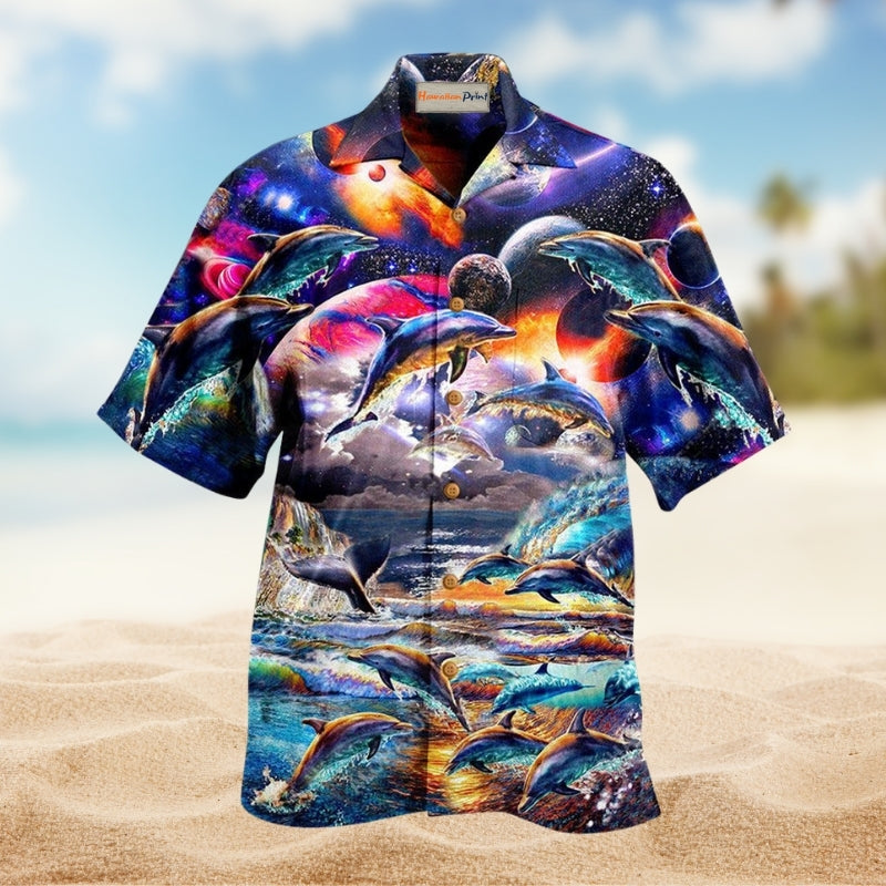 Dolphin Into The Galaxy Hawaiian Shirt For Beach Gatherings Fantasy Fans And Comfortable Casual Wear
