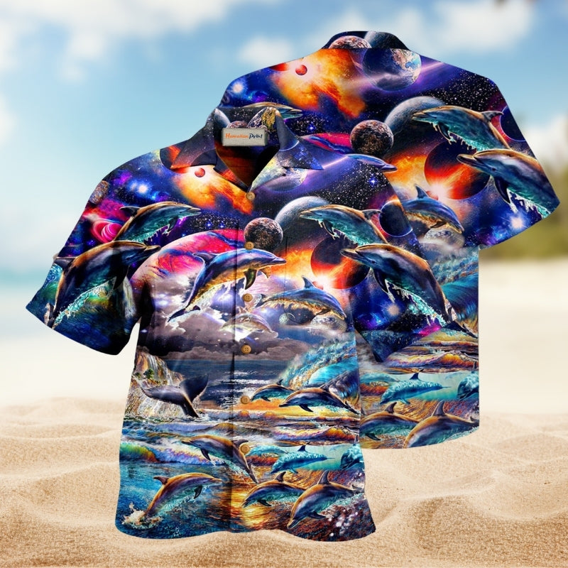 Dolphin Into The Galaxy Hawaiian Shirt For Beach Gatherings Fantasy Fans And Comfortable Casual Wear