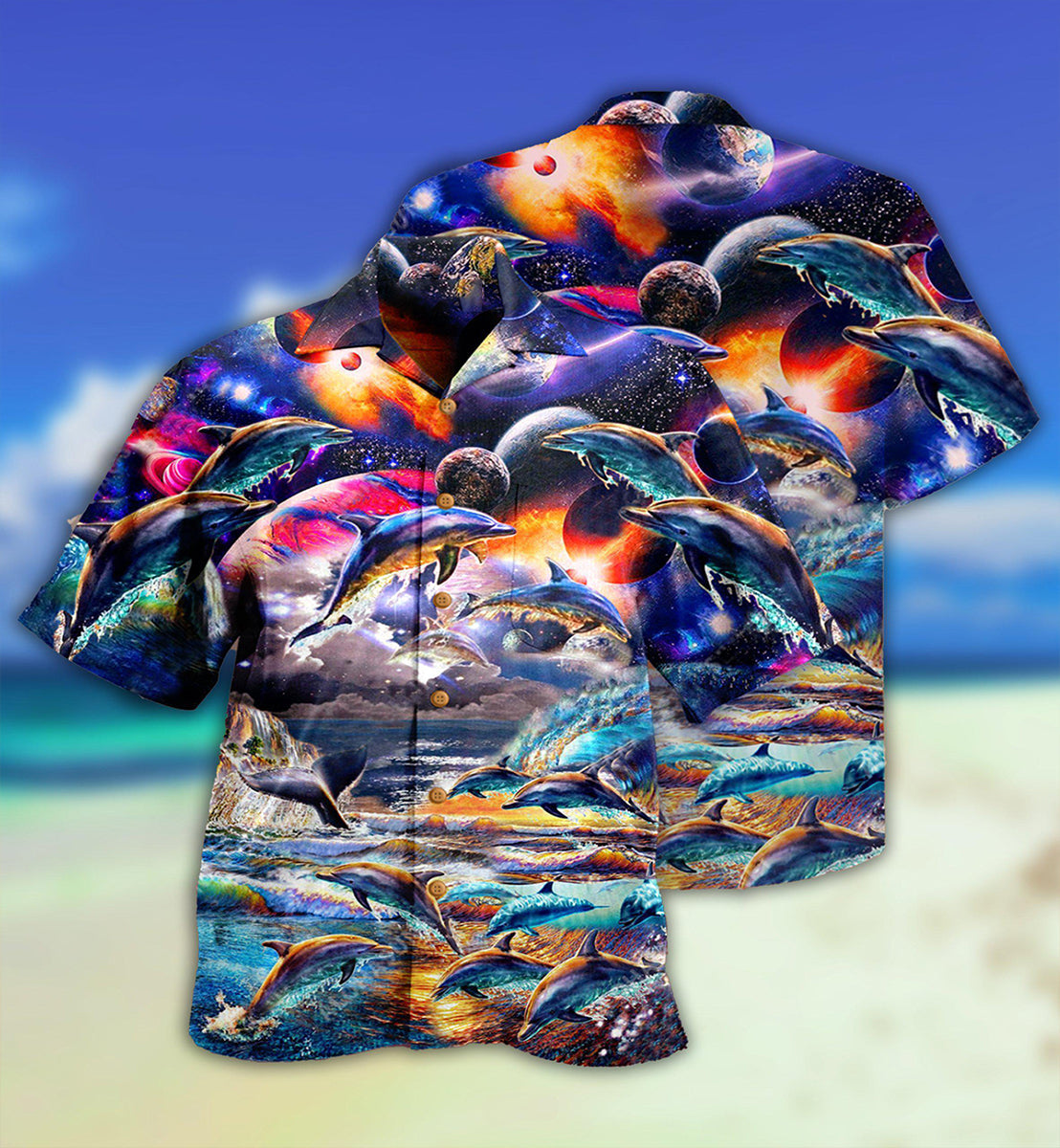 Mystical Dolphin Galaxy Hawaiian Shirt Pattern Detail For Vacation Travel And Daily Wear