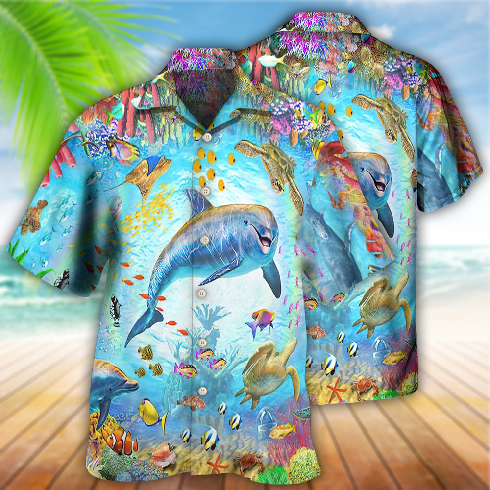 Dolphin Beautiful Ocean Hawaiian Shirt Artwork Detail For Tropical Trips And Casual Outings