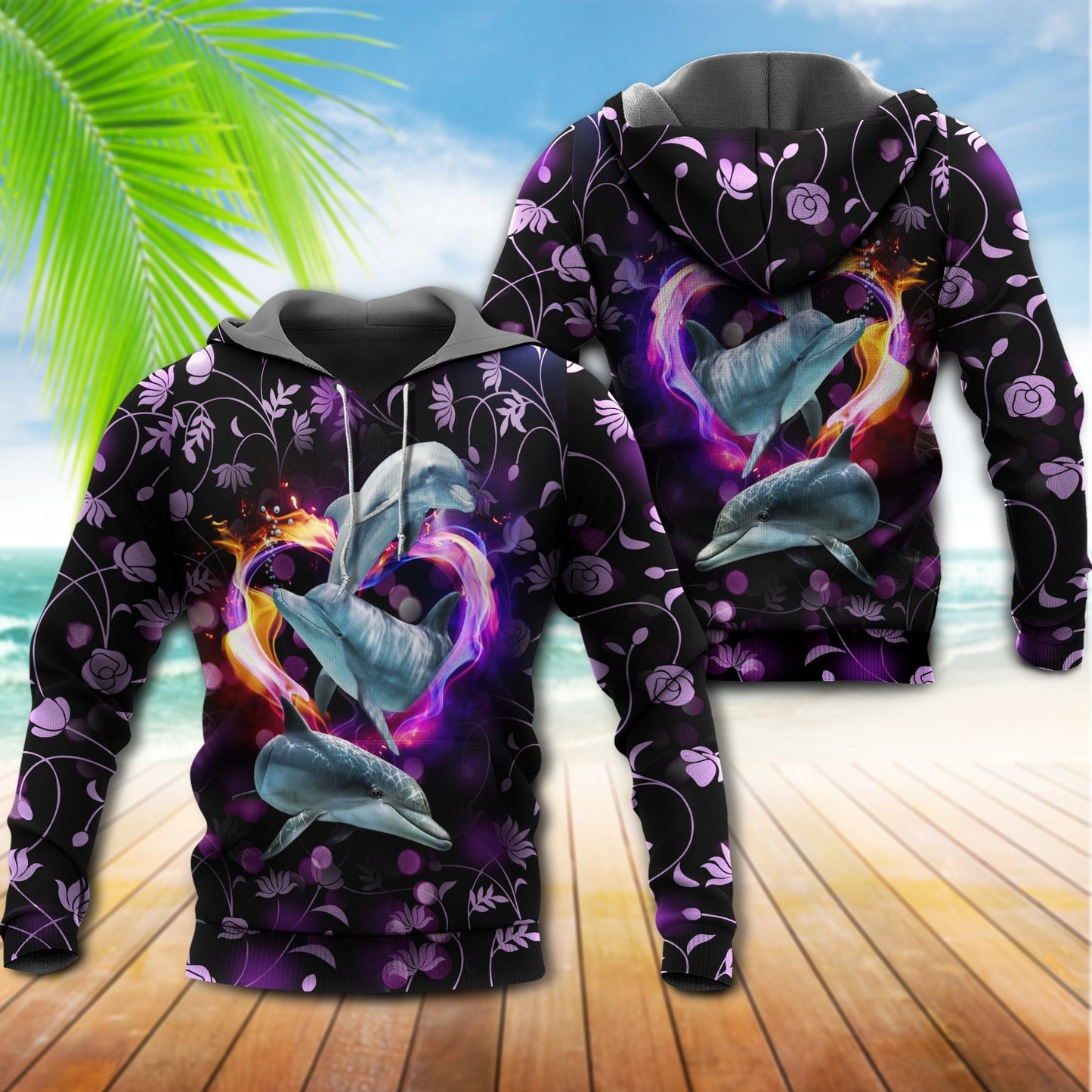 Purple Dolphin Love Ocean Heart Hoodie For Sea Enthusiasts Vacation Style And Comfortable Layering